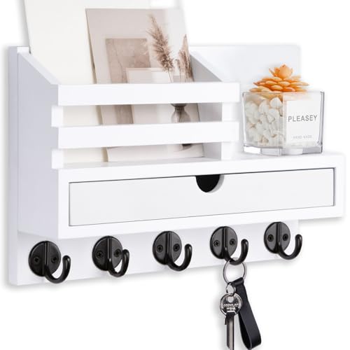 Key Holder Wall Mount, Mail Holder with Storage Drawer and 5 Key Hooks for Coat, Dog Leash, Home Decor Rack, House Accessories, Entry Way Organizer - color: White, size: Standard - 11.8 Inch