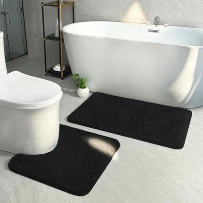 Black Bathroom Rug Set 2 Piece Bath Mat 21x34'' &U Shape Toilet Rug 21x21'' | Absorbent,Washable,Non Slip Bathroom Rugs Sets,Contour Mat for Toilet - color: Black