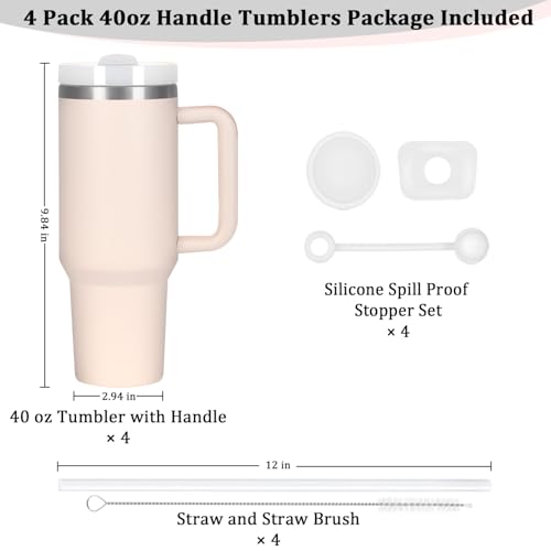 4 Pack 40 Oz Tumbler with Handle Bulk, Double Wall Vacuum Insulated Stainless Steel Tumbler with Lid and Straw, 40 oz cup with Silicone Spill Proof Stopper Set (Rose Quartz) - color: Rose Quartz