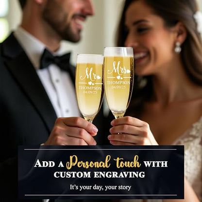 Mr and Mrs Wedding Toasting Champagne Flutes with Box, Set of 2 Glasses With Black Box, Laser engraved Tosting Flutes Engraved Personalized Glasses for Bride and Groom - color: Wedding-13, style: Glasses + Gift Box