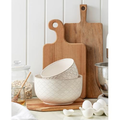 Mikiegy Ceramic Mixing Bowls Set of 2, Nesting Ceramic Embossment Stoneware Mixing Bowls for Cooking, Serving, Popcorn, Salad etc, Microwave & Dishwasher Safe, 44/98 oz, Off-White - size: 44&98 oz