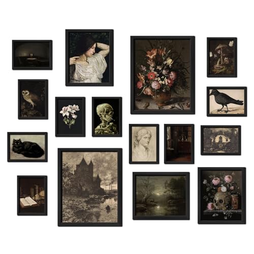 16 PCS Framed Dark Academia Room Decor, Gothic Home Decor, Moody Wall Art Prints for Bedroom, Gallery Wall Frame Set, Witchy Posters for Living Room Aesthetic, Halloween Dorm Collage Kit - color: Gothic black, size: 12"x15" Framed