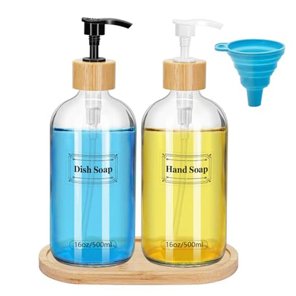 2 Pack 16 Oz Glass Soap Dispenser Set with Tray, Hand Dish Soap Dispenser Set for Bathroom and Kitchen Bottle Dispenser with Dish Soap, Hand Soap, Lotion (Clear) - color: Clear