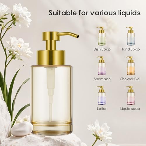 Glass Soap Dispenser,12oz Gold Soap Dispenser with Stainless Steel Pump | Thick Glass Soap Dispenser for Bathroom,Kitchen,gold soap dispenser bathroom - color: Amber&gold Pump