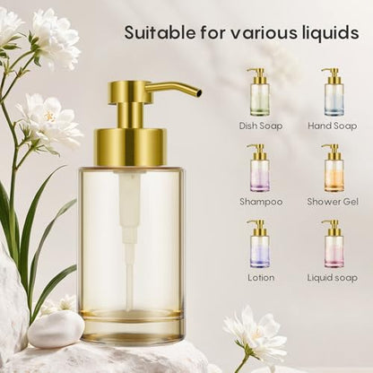 Glass Soap Dispenser,12oz Gold Soap Dispenser with Stainless Steel Pump | Thick Glass Soap Dispenser for Bathroom,Kitchen,gold soap dispenser bathroom - color: Amber&gold Pump