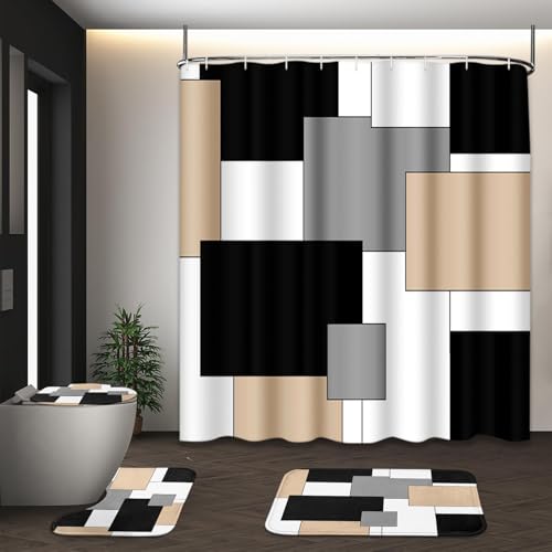 Bathroom Sets with Shower Curtain and Rugs, 4 Pcs, Geometric Beige | Checkered Abstract Modern Bathroom Decor Set with Toilet Lid Cover, Non-Slip Bath Mats and Accessories 12 Hooks - color: Abstract Geometric Beige