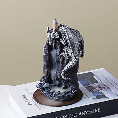 Dragon Backflow Incense Holder Waterfall Incense Burner, with 100 Backflow Incense Cones,1 Mat,1 Tweezers，Aromatherapy Ornamental for Home Office Yoga （Silver Dragon） - color: Silver