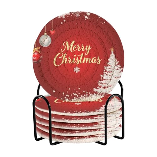 Caikeny 6 Pcs Drink Coasters with Metal Holder Christmas Tree Ball Absorbent Coasters Decorative Woven Coaster Set for Coffee Table - color: Multi 10k1.23