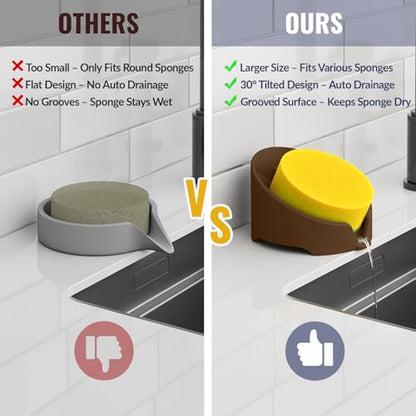 NiHome Silicone Sponge Holder for Kitchen Sink, Fits Scrub Daddy Mommy | Self-Draining Dispenser Organizer Tray, Sink Caddy Countertop Fits Soaps, Scrubber, Dishwasher Safe, Includes Brush - color: Coffee Brown