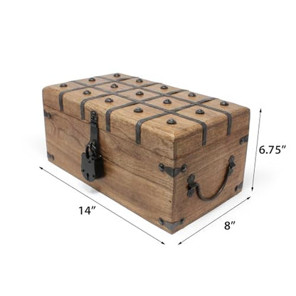 Treasure Chest Wooden Box with Antique Iron Lock and Skeleton Key (Large 14.5x8x6.75) - Storage and Decor – Pirate Wooden Treasure Chest, Decorative Box with Hinged Lid, - size: Large 14.5 x 9 x 5.75"