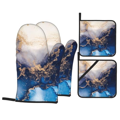 Perinsto Blue Gold White Marble Oven Mitts & Pot Holders 4 Pcs Set, Decorative Heat Resistant Cooking Gloves Microwave Oven Gloves for Kitchen Baking Grilling BBQ - color: Blue Gold White Marble, size: Set of 4