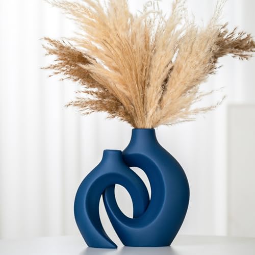 Lvases Snuggle Hollow Ceramic Flower Vase of 2, Minimalist Nordic Boho Vase | 8.4" Matte Navy Blue Home Decor Vase for Modern Aesthetic Ins Style Living Room Coffee Table Centerpieces Pampas Grass Dec - color: Large Matte Navy Blue