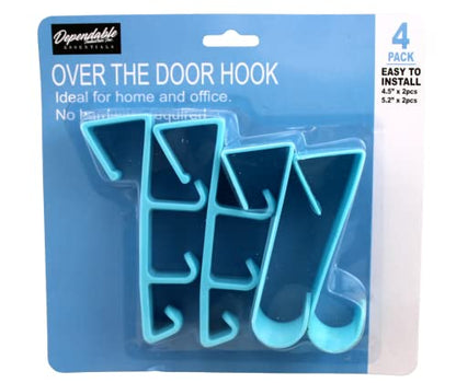 Over The Door Hooks Hangers - 4 Pack Blue Plastic Valet Set for Coats, Towels, Clothes, Bathrobes, Hats, Pocketbooks, and Shirts - Durable Rust-Proof Laundry Hanger and Closet Organizer - color: Light Blue