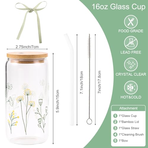 Floral Gifts for Women, Flower Glass Cup with Lid and Straw | Aesthetic Wildflower Iced Coffee Drinking Cup Tumbler stuff for Women Mom Anniversary Birthday Thanksgiving Christmas 16oz - style: Flowers