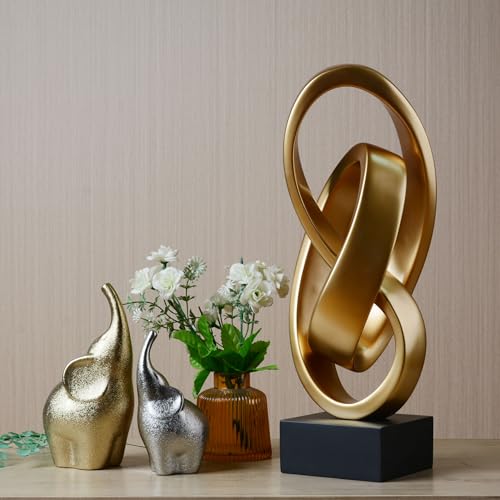 HAUCOZE Abstract Sculpture Statue Modern Decor Table Centerpiece 17.0 Inch | Glossy Gold Resin Handicraft with Black Base Home Ornament Fashion Art Gift for Living Room Bedroom Office