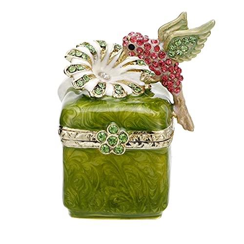 Hand Painted Enamel Hummingbird Trinket Box for Home Decor, Hinged Jewelry Organizer for Ring Earrings, Unique Figurine Keepsake Collectible Personalized Handmade Ornament Gifts (Green Hummingbird-3) - color: Green Hummingbird-3