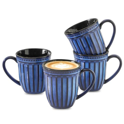 Coffee Mugs Set of 4, 16oz Navy Blue Ceramic Coffee Mug with Embossed Ribbed, Farmhouse Tea Cup Set for Latte, Cappuccino, Milk, Large Handle, Suitable for Office Home Restaurant Housewarming Gift - color: Navy Blue
