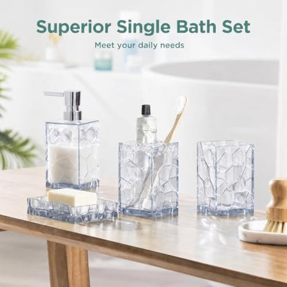 HBlife Bathroom Accessories Set, Acrylic Bathroom Counter Set of 4 | Boho acrylic bathroom decor, 4-pc: holder, soap, tumbler, dish, Easy-clean & rustproofd, Ideal housewarming gift - style: White