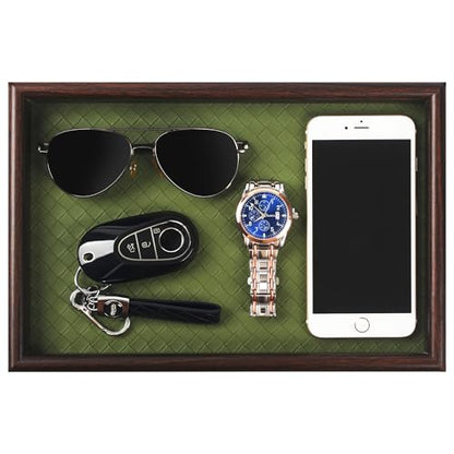 Wooden Valet Tray with Leather Base - Nightstand Catchall Organizer for Cologne, Perfume, Keys, Wallet, Phone, Watch, Jewelry & Sunglasses (Green) - color: Green