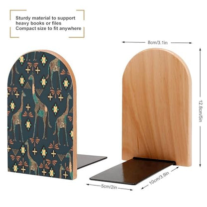 Personalized Wood Book Ends Metal Base Giraffe Pattern Design Printing Bookend Modern Heavy Duty Bookends for Home Or Office 1 Pair - color: Giraffe Pattern Design
