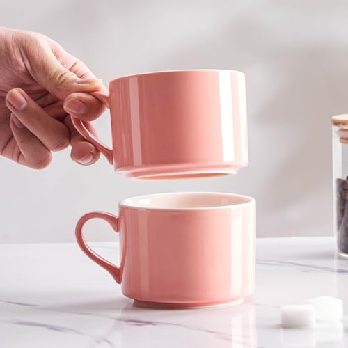 10oz Porcelain Stackable Coffee Mugs and Metal Stand Set of 4, Espresso Cups Set for Hot Drinks, Cappuccino, Tea-Pink - color: Pink