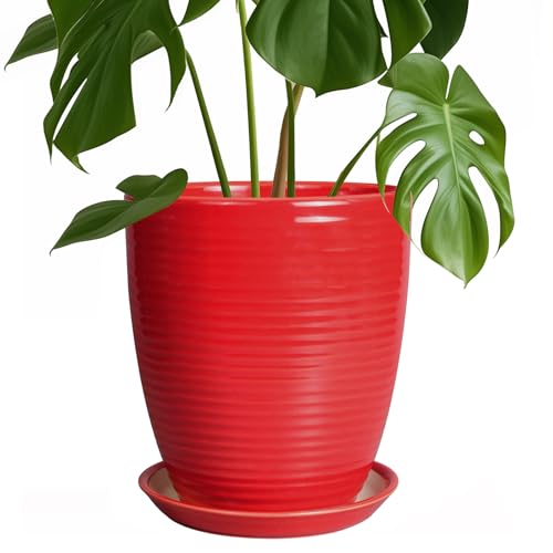 Ceramic Pot for Plants - 8 Inch Plant Pot for Indoor Plants Outdoor Round Planter Modern Flower Pot with Drainage Hole and Saucer Home Garden Office Porch Decor Red - color: Glossy Red, size: 8 Inch
