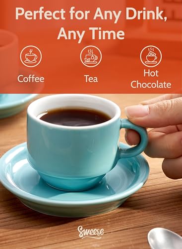 Sweese 4 Ounce Porcelain Stackable Espresso Cups with Saucers and Metal Stand Set of 4, Turquoise - color: Turquoise, size: 4 Ounces