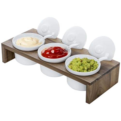 MyGift 10 Pcs Condiment Pot Serving Dish Set, Hosting Essentials, Premium Acacia Solid Wood Raised Display Server Tray and 3 Ceramic Ramekin Dip Bowls with Lids and Spoons - color: Acacia