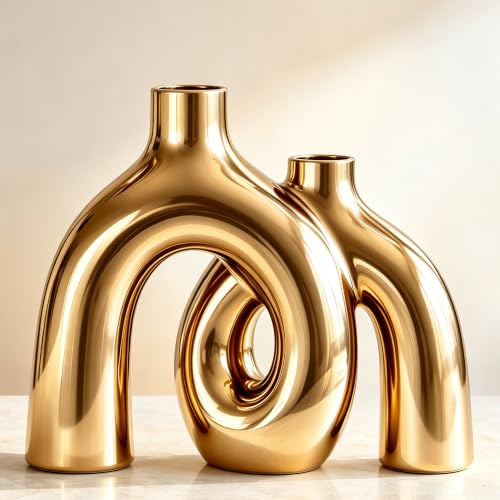 Hug Donut Decorative Vase Set - Golden Modern Classic Transitional Style Vases Home Decor, Matte Ceramic Decorations for Living Room Shelf, Bookshelf Mantle Entryway Table or Console Décor (Gold) - color: Gold