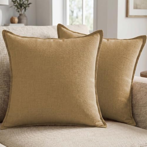 Cotton Linen Throw Pillow Covers 22x22 Inch Yellow Set of 2 | Breathable Decorative Cushion Cases with Invisible Zipper - for Boho Farmhouse Decor in Living Room Sofa Couch Bed and Patio - color: Yellow, size: 22" x 22" (Pack of 2)