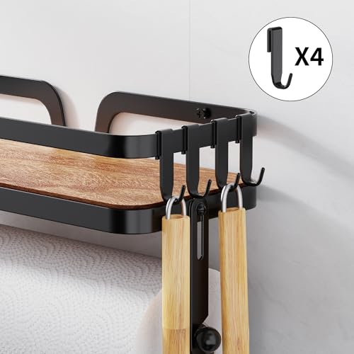 Taozun Paper Towel Holder Wall Mount, Kitchen Paper Holder Spice Rack Black Paper Towel Roll Holder RV Paper Towel Rack with 4 Hooks(2 Installation Methods - Self-Adhesive and Drilling) - style: SP010