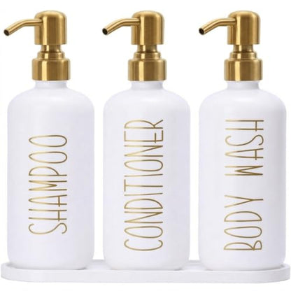 MOMEEMO Shampoo and Conditioner Dispenser Set with Tray, Gold | Refillable Shampoo Conditioner Body Wash Dispenser for Shower, Empty Shampoo Bottles, Bathroom Shower Soap Dispenser Set - color: White Gold