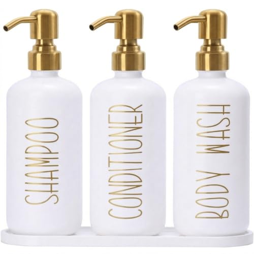 MOMEEMO Shampoo and Conditioner Dispenser Set with Tray, Gold | Refillable Shampoo Conditioner Body Wash Dispenser for Shower, Empty Shampoo Bottles, Bathroom Shower Soap Dispenser Set - color: White Gold