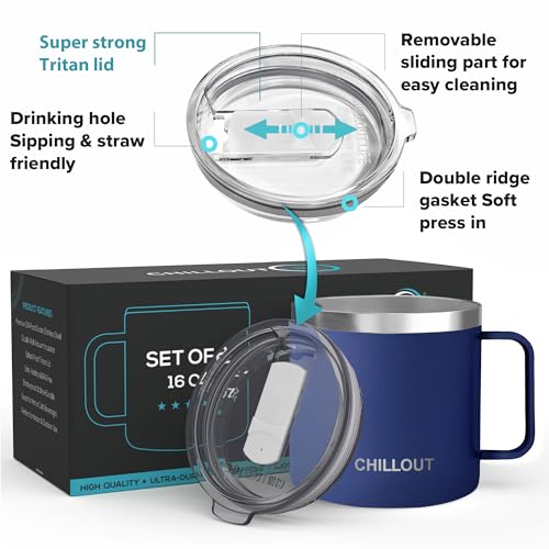 CHILLOUT LIFE 16 oz (Set of 2) Stainless Steel Vacuum Insulated Coffee Mug with Handle and Lid, Large Thermal Camping Coffee Mugs with Sliding Lid for Men & Women - color: Navy Blue, size: 16 Ounces - 2 Pack