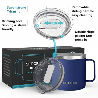 CHILLOUT LIFE 16 oz (Set of 2) Stainless Steel Vacuum Insulated Coffee Mug with Handle and Lid, Large Thermal Camping Coffee Mugs with Sliding Lid for Men & Women - color: Navy Blue, size: 16 Ounces - 2 Pack