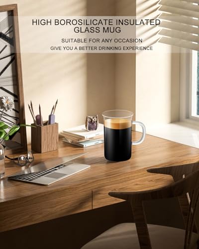 LUXU Glass Coffee Mugs, 13 oz Ice coffee cups,Clear Tea Cups Set of 4 | Heat Resistant and Explosion-Proof Glass Coffee Cups,Borosilicate Glass Mugs with Handles for Hot/Cold Beverages,Americano - style: 13 oz coffee cups