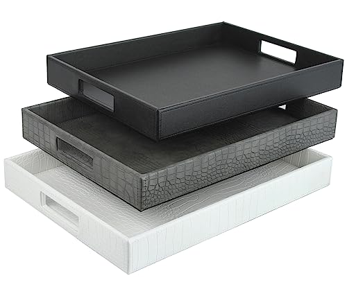 HofferRuffer Rectangle Serving Tray with Hole Handles for Coffee Table, Breakfast, Tea, Food, Butler - Countertop, Kitchen, Vanity Serve Tray, 16.2 x 12.2 x 2 inches, Faux Leather Tray (Black) - color: Black