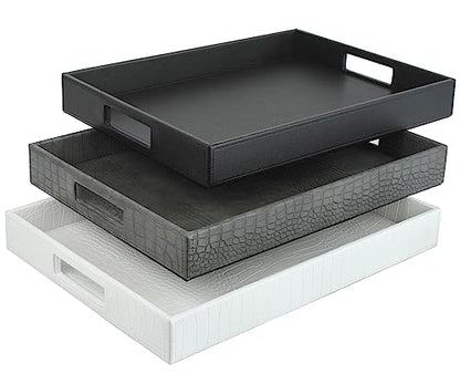 HofferRuffer Rectangle Serving Tray with Hole Handles for Coffee Table, Breakfast, Tea, Food, Butler - Countertop, Kitchen, Vanity Serve Tray, 16.2 x 12.2 x 2 inches, Faux Leather Tray (Black) - color: Black