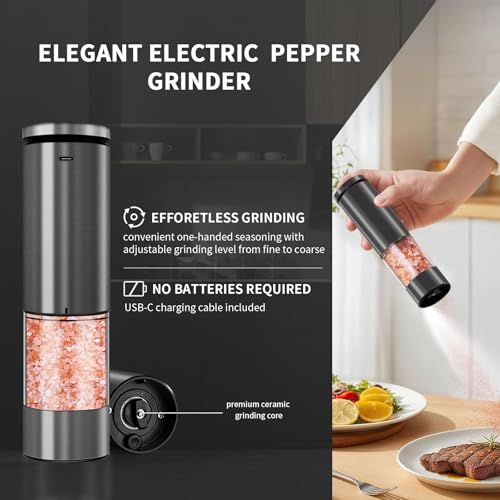 Haomacro Electric Salt and Pepper Grinder Set, Upgraded Larger Capacity | Stainless Steel Automatic Salt and Pepper Mill Set Refillable with 5 Adjustable Coarseness Stainless Steel Top button Shaker