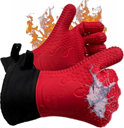 Ekogrips Plus Oven Gloves with Fingers, Comfy Waterproof Silicone Oven Mitts Heat Resistant with Long Cuff, Insulated BBQ Gloves Perfect for Grilling, Baking, Smoker, Canning, Pizza, Red, Hot Mitts - color: Red, size: OSFM