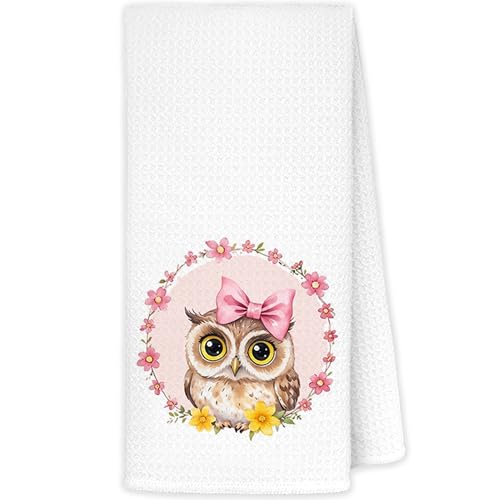 JINYO Coquette Pink Bow Floral Wreath Owl Kitchen Towels, Gifts for Owls Lovers Women Hand Towels for Bathroom Kitchen Decor, Cute Wild Animal Owl Decorative Dish Tea Towels, 16x24 Inch - color: Floral Wreath Owl Towels