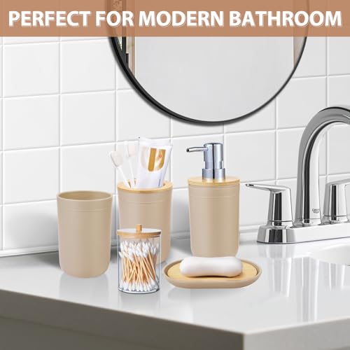 Bathroom Accessories Set 5Piece Beige Bathroom Sets, Toothbrush Holder, Toothbrush Cup, Lotion Soap Dispenser, Soap Dish and Qtip Holder Bathroom Decor - style: Beige