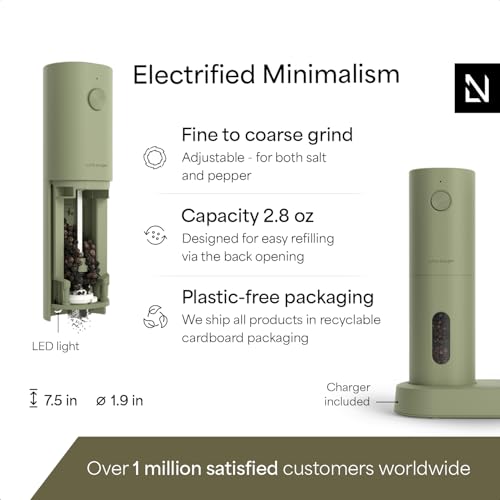 LARS NYSØM Electric Salt and Pepper Grinder Set, USB Rechargeable, Automatic Salt and Pepper Mills, Spice Shakers Refillable with LED Light, Adjustable Coarseness, Ceramic Grinder (Sage Green) - color: Sage Green