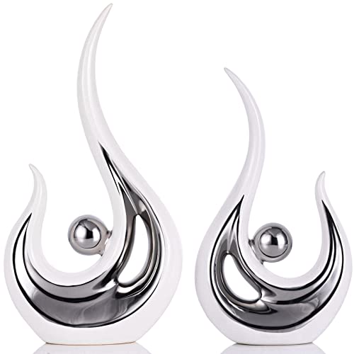 XMGZQ 2pcs White Silver Modern Abstract Art Statue Table Decor,Elegantes Ceramic Statue for Home Décor Accent,Mantel,Bookshelf,Centerpiece Table Decoration for Dining Room,adornos para sala - color: White and Silver