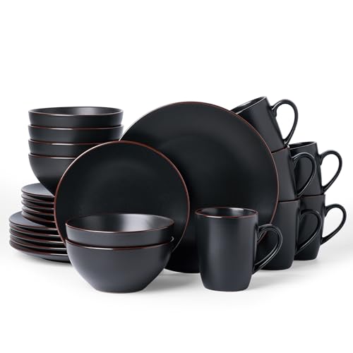 Famiware Venus Dinnerware Sets with Mugs, Ceramic Plates and Bowls for 6 | 24-Piece Stoneware Dishes, Microwave & Dishwasher Safe, Chip‑Resistant, Everyday & Formal Use, Modern Minimalist, Matte Black - color: Black, size: Serves 6 (24pc w/ Mug)