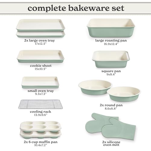 Country Kitchen Nonstick Stackable Bakeware Set - Deluxe Heavy Duty, Durable, Easy Release Baking Set, Sage, 13 Pcs with Handles