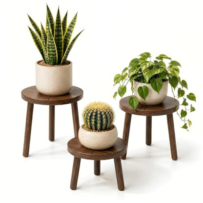 Wood Plant Stands 3-Pack Indoor, Plant Stool, Dark Brown | Premium carbonized pine with moisture-resistant, burr-free finish, Snap together in 60 seconds, no tools needed - color: Dark Brown, size: 3-Pack