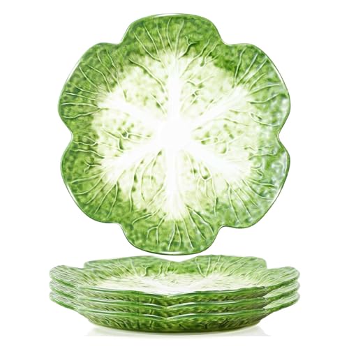 KXZ 10.5 Inch Cabbage Plates, Set of 4 Green Ceramic Salad Plate, Porcelain Decorative Plates for Kitchen, Round Appetizer Bowl for Dessert, Decorative, Dinner, Pancakes, Steak - color: Green, size: 10.5 inch * 4 pcs