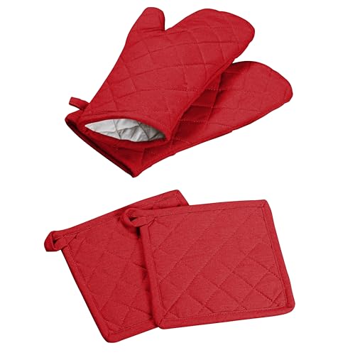 Oven Mitt + Pot Holder 100% Cotton Heat Resistant Kitchen Oven Gloves (7"x13") & Hot Pads (8"x8") for Gifts, Chef, Women & Men - Red - color: Red