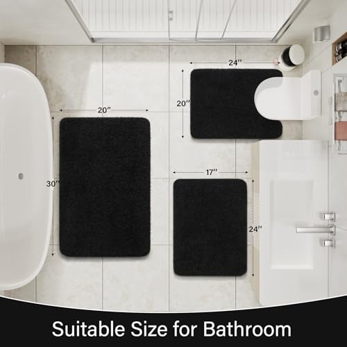 LOCHAS Bathroom Rugs Sets 3 Piece, Microfiber Bath Mat Set Non Slip, Black | Washable Absorbent Toilet Rug, Shaggy Soft Cozy Quick Dry - color: Black, size: 30" x 20" + 24" x 17" + U Shape 24" x 20"